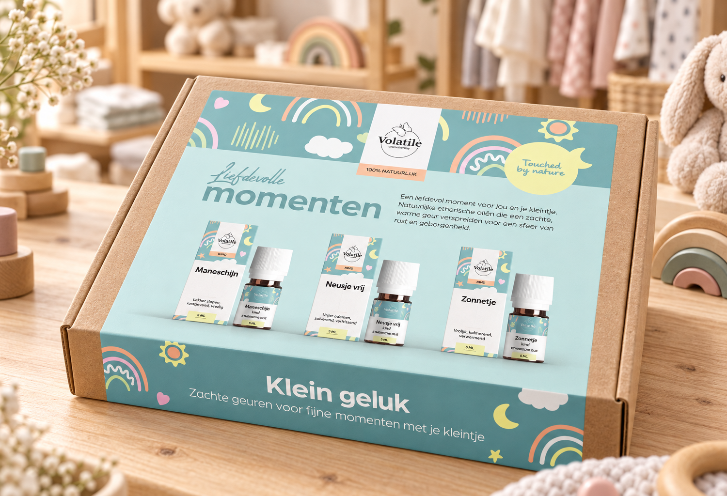 Volatile Themabox Baby met Maneschijn, Neusje vrij en Zonnetje, drie flesjes van 5 ml.